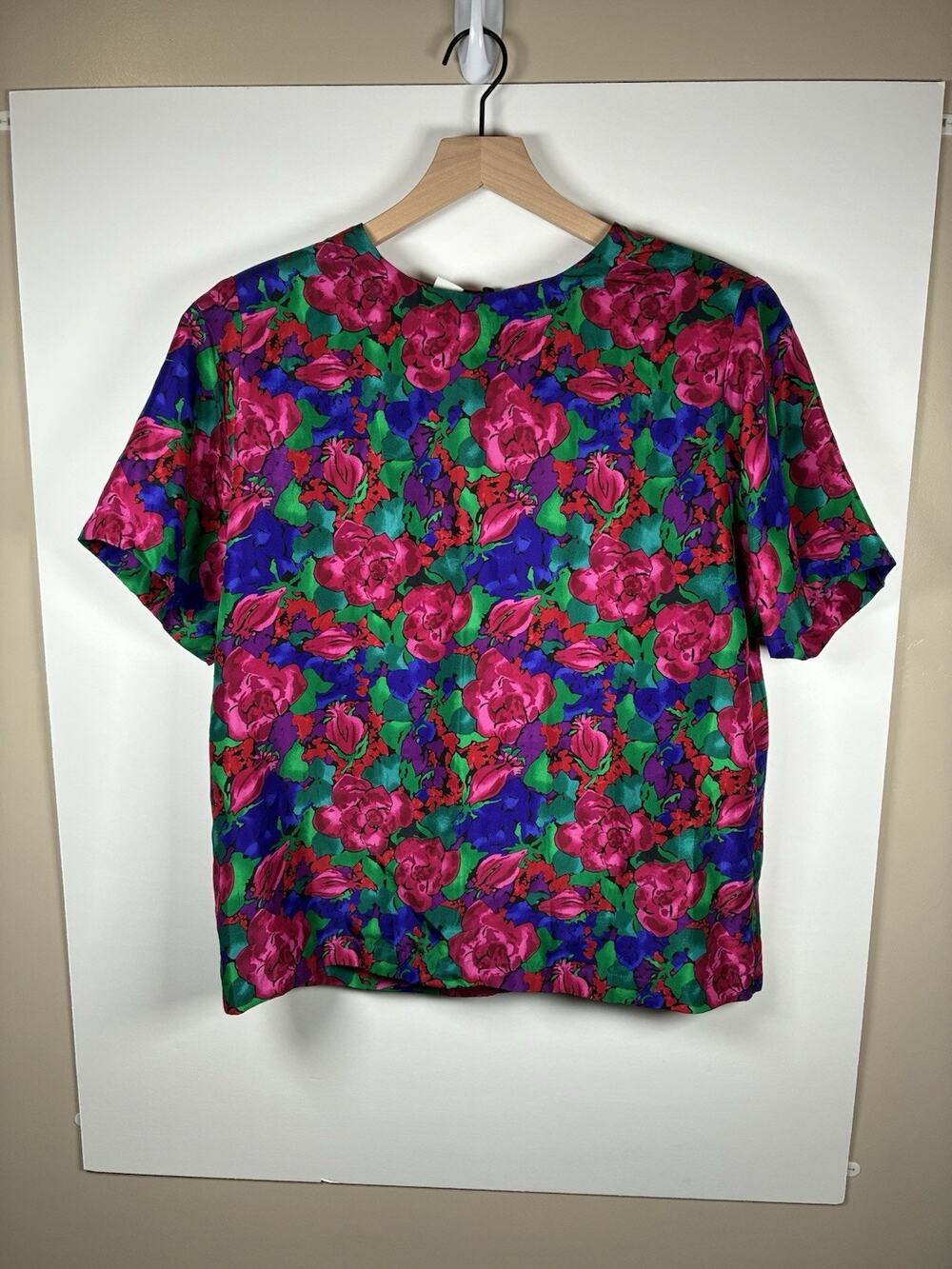 Vtg Nordstrom Town Square L 100% Silk Floral Blouse Pink Green Boxy Short Sleeve